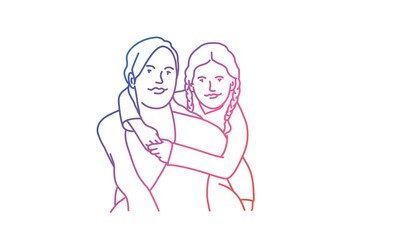 Happy family. Mother and daughter hug. Rainbow colours in linear vector illustration. 