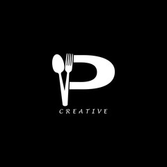 Combination fork and spoon flat P letter logo design