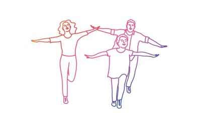 Happy mother, father and son  running. Rainbow colours in linear vector illustration. 