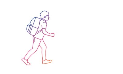 Fototapeta na wymiar Boy with Backpack Goes to School. Rainbow colours in linear vector illustration.