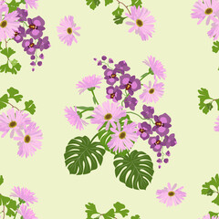 Seamless vector illustration with gentle orchids and gerberas on light background.