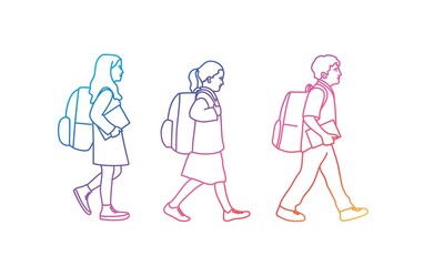 Pupils with Backpack Going to School. Rainbow colours in linear vector illustration.