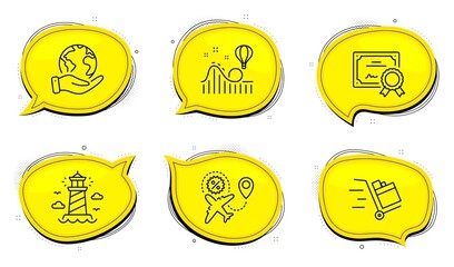 Roller coaster sign. Diploma certificate, save planet chat bubbles. Push cart, Lighthouse and Flight sale line icons set. Express delivery, Beacon tower, Travel discount. Attraction park. Vector