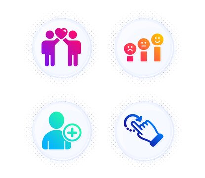 Friends couple, Add user and Customer satisfaction icons simple set. Button with halftone dots. Rotation gesture sign. Friendship, Profile settings, Happy smile chart. Undo. People set. Vector
