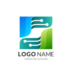 technology and square logo concept, modern 3d logo style in gradient blue and green color