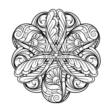 Black and white ethnic style floral mandala pattern for antistress coloring. Abstract coloring page.