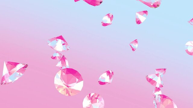 Falling diamonds on light pink background, luxury 3D render background, Looped video