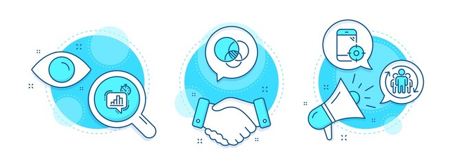 Statistics timer, Teamwork and Euler diagram line icons set. Handshake deal, research and promotion complex icons. Seo phone sign. Growth chart, Employees change, Relationships chart. Vector