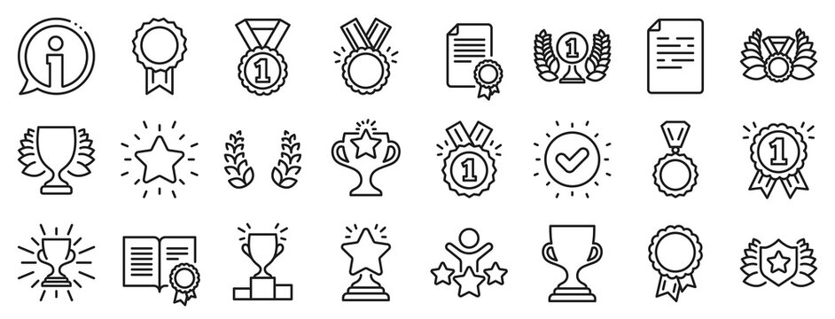 Set of Winner medal, Victory cup and Laurel wreath award icons. Award line icons. Reward, Certificate and Diploma message. Glory shield, Prize winner, rank star, diploma certificate. Vector