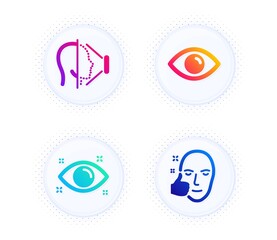 Eye, Health eye and Face id icons simple set. Button with halftone dots. Healthy face sign. View or vision, Optometry, Phone scanning. Healthy cosmetics. Medical set. Gradient flat eye icon. Vector