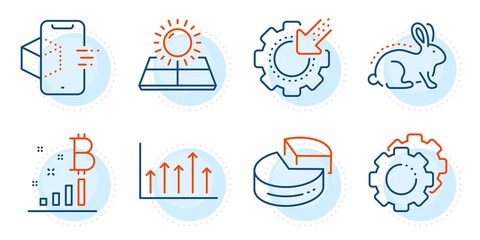 Bitcoin graph, Animal tested and Growth chart signs. Settings gears, Augmented reality and Seo gear line icons set. Sun energy, Pie chart symbols. Technology process, Phone simulation. Vector