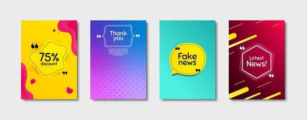 Fake news, 75% discount and latest news. Dynamic cover design. Creative fluid background. Thank you phrase. Sale shopping text. Poster cover template with chat bubble. Vector