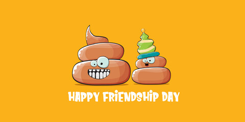 Happy friendship day horizontal banner or greeting card with vector funny cartoon poo friends characters isolated on abstract orange background. Best friends concept