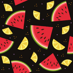 Fruit pattern with watermelon and lemon, vector, background black. Texture, printing, design, decoration