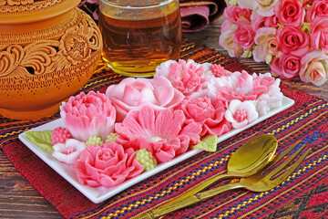 Beautiful flowers shaped Coconut milk jelly, famous Thai dessert