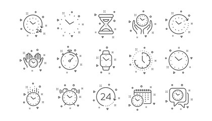 Timer, Alarm and Smartwatch. Time and clock line icons. Time management, 24 hour clock, deadline alarm icons. Sand hourglass, smartwatch, timer stopwatch. Linear set. Geometric elements. Vector - obrazy, fototapety, plakaty