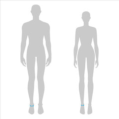 Women and men to do ankle measurement fashion Illustration for size chart. 7.5 head size girl and boy for site or online shop. Human body infographic template for clothes. 