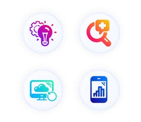 Idea gear, Medical analyzes and Recovery cloud icons simple set. Button with halftone dots. Graph phone sign. Technology process, Medicine, Backup info. Mobile statistics. Science set. Vector
