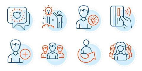 Person idea, Creative idea and Add person signs. Share, Women group and Group line icons set. Friends chat, Contactless payment symbols. Lady service, Lamp energy. People set. Vector