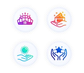 Skin care, Sun protection and Arena stadium icons simple set. Button with halftone dots. Ranking sign. Hand cream, Ultraviolet care, Competition building. Hold star. Business set. Vector