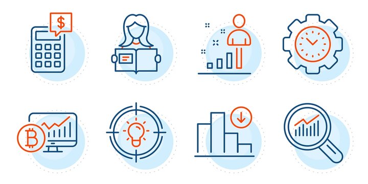 Calculator, Stats and Idea signs. Bitcoin chart, Data analysis and Decreasing graph line icons set. Time management, Woman read symbols. Cryptocurrency statistics, Magnifying glass. Vector