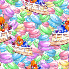 Seamless vintage pattern with watercolor. Vintage drawing - cakes, desserts, macaroon, Piece, cake, biscuit, cream, berries. Done in hand-made graphics with watercolors. Piece of cake with berries