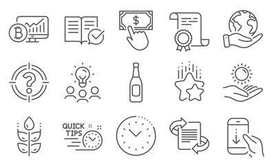 Set of Business icons, such as Gluten free, Time management. Diploma, ideas, save planet. Quick tips, Approved documentation, Payment click. Ranking stars, Beer, Sun protection. Vector