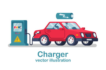 Station car charger. Electric refueling. Green eco transportation. Vector illustration flat design. Isolated on white background. Modern electric cars. Energy vehicles. Vehicle cartoon style.