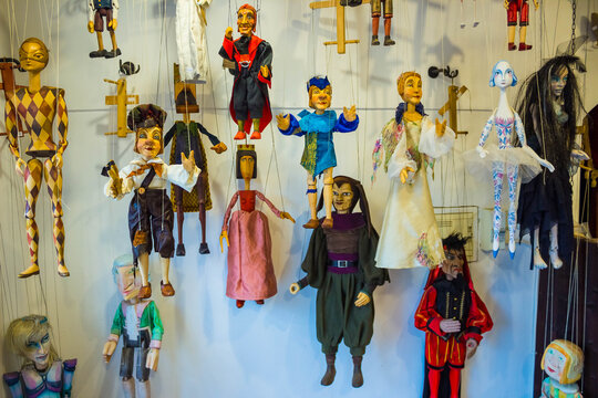 Prague, Czech Republic - December 31, 2017: Traditional puppets made of wood. Shop in Prague