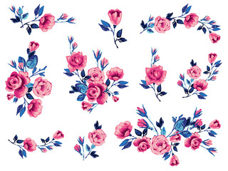 Rose flower pink blue embroidery patch, vintage roses vector illustration. Watercolor floral border for graphic design. Flowers isolated on white background