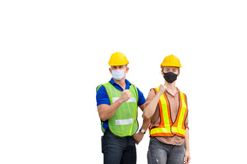 Engineer and worker team wearing protection face mask against coronavirus, Business people team with clipping path on white background