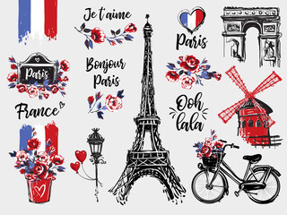 Paris vintage watercolor illustration set. Romantic illustration in beautiful style. Vector sketches set on white background with inscriptions I love you, good morning Paris, Oh dear in French - obrazy, fototapety, plakaty
