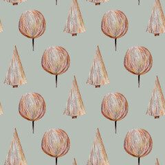 Tree seamless pattern, hand drawn illustration for fabric und textile design, wallpaper, packaging, interior.