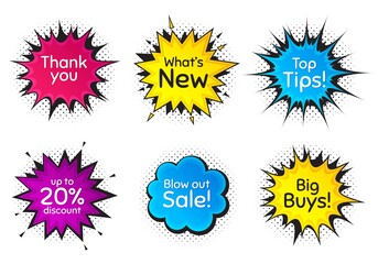 Top tips, 20% discount and whats new. Comic speech bubble. Thank you, hi and yeah phrases. Sale shopping text. Chat messages with phrases. Colorful texting comic speech bubble. Vector