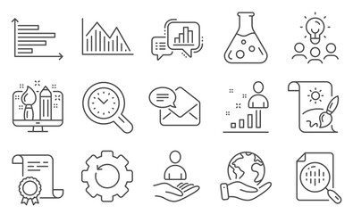 Set of Education icons, such as New mail, Graph chart. Diploma, ideas, save planet. Stats, Recruitment, Chemistry lab. Analytics chart, Investment graph, Recovery gear. Vector