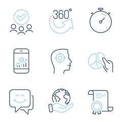 360 degrees, Timer and Smartphone statistics line icons set. Diploma certificate, save planet, group of people. Recruitment, Smile face and Pie chart signs. Vector