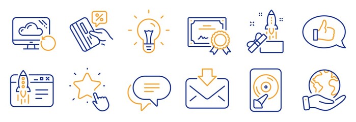 Set of Technology icons, such as Innovation, Idea. Certificate, save planet. Text message, Recovery cloud, Hdd. Ranking star, Feedback, Incoming mail. Start business, Credit card line icons. Vector