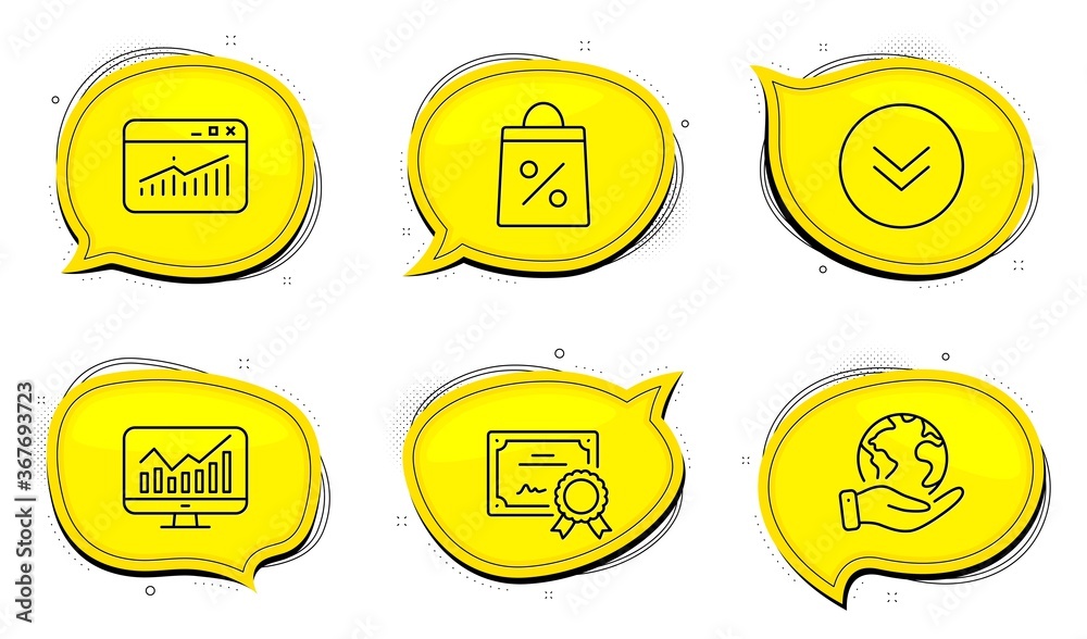 Wall mural shopping bag sign. diploma certificate, save planet chat bubbles. website statistics, statistics and