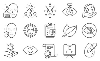 Set of Medical icons, such as Face cream, Eye. Diploma, ideas, save planet. Not looking, Face detect, Sun protection. Vision board, Mint leaves, Eye checklist. Uv protection line icons. Vector