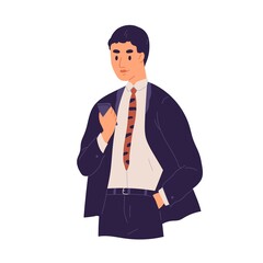 Confident businessman looking at screen of smartphone vector flat illustration. Male in suit chatting holding mobile reading information isolated on white. Focused business person use phone