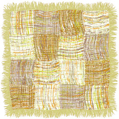 Checkered mat with grunge striped wavy square elements and fringe in green, brown, orange, grey colors isolated on white