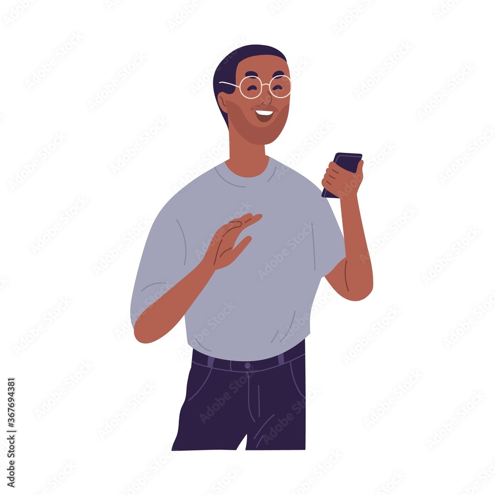 Poster laughing casual black skin guy reading funny information at smartphone vector flat illustration. smi