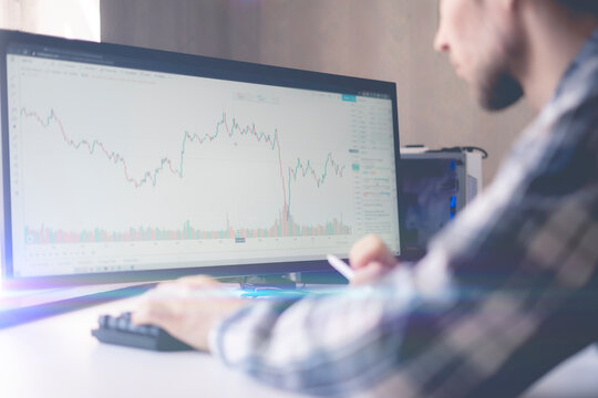 Male Trader Watching The Stock Graph On Big Computer Screen At Home, Chart Analysis