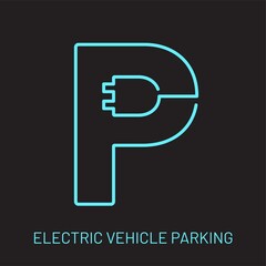 Electric car parking linear neon icon. Charging vector continuous line sign with plug and P