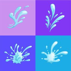 Water splashes on colorful backgrounds. Cartoon water waves in motion. Flat style vector illustrations.