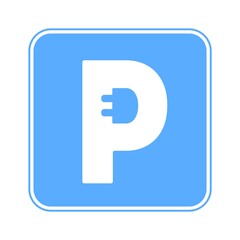 Electric car parking linear icon. Charging vector continuous line symbol with plug and P on blue road sign