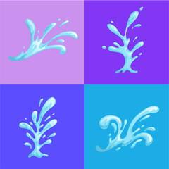 Water splashes on colorful backgrounds. Cartoon water waves in motion. Flat style vector illustrations.