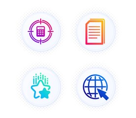 Ranking stars, Calculator target and Copy files icons simple set. Button with halftone dots. Internet sign. Winner award, Audit, Copying documents. World web. Technology set. Vector