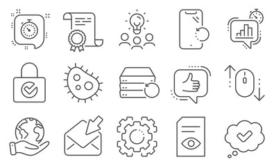 Set of Technology icons, such as View document, Seo gear. Diploma, ideas, save planet. Scroll down, Like, Smartphone recovery. Password encryption, Timer, Recovery server. Vector