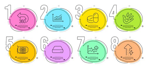 Seo analysis, 360 degrees and Mini pc signs. Timeline steps infographic. Energy growing, Medical drugs and Social responsibility line icons set. Gpu, Graph symbols. Power usage, Medicine pills. Vector
